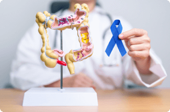 Colorectal cancer model and doctor holding colorectal cancer ribbon